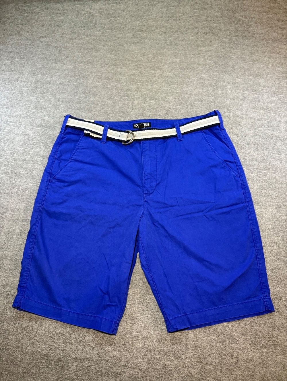 Express Mens Chino Shorts Size 36 Blue 100% Cotton NEW Belt Included Flat Front